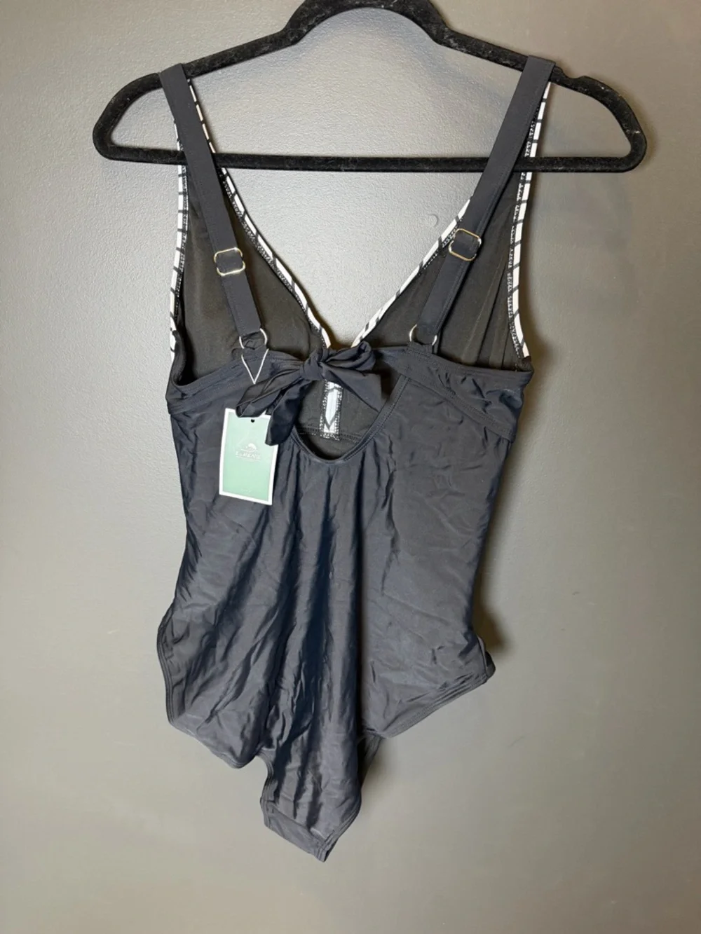 NWT Eomenie One Piece Swimsuit Black White Striped Ruched Tie Back Tummy Control